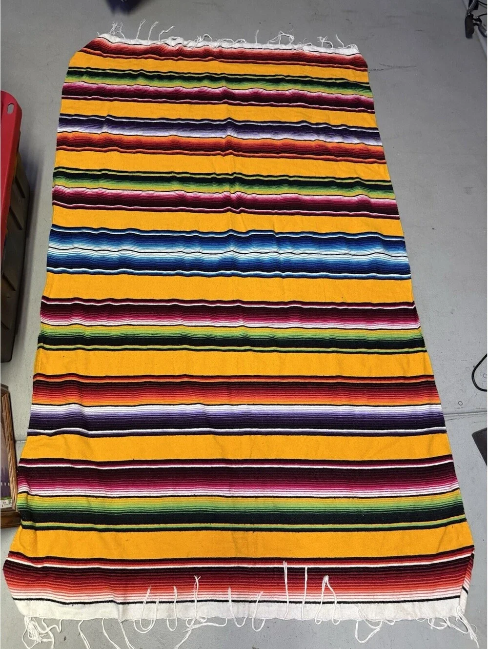 Vintage Mexican Serape Saltillo Style Blanket Rug 48x84 Multicolor Yellow Fringe